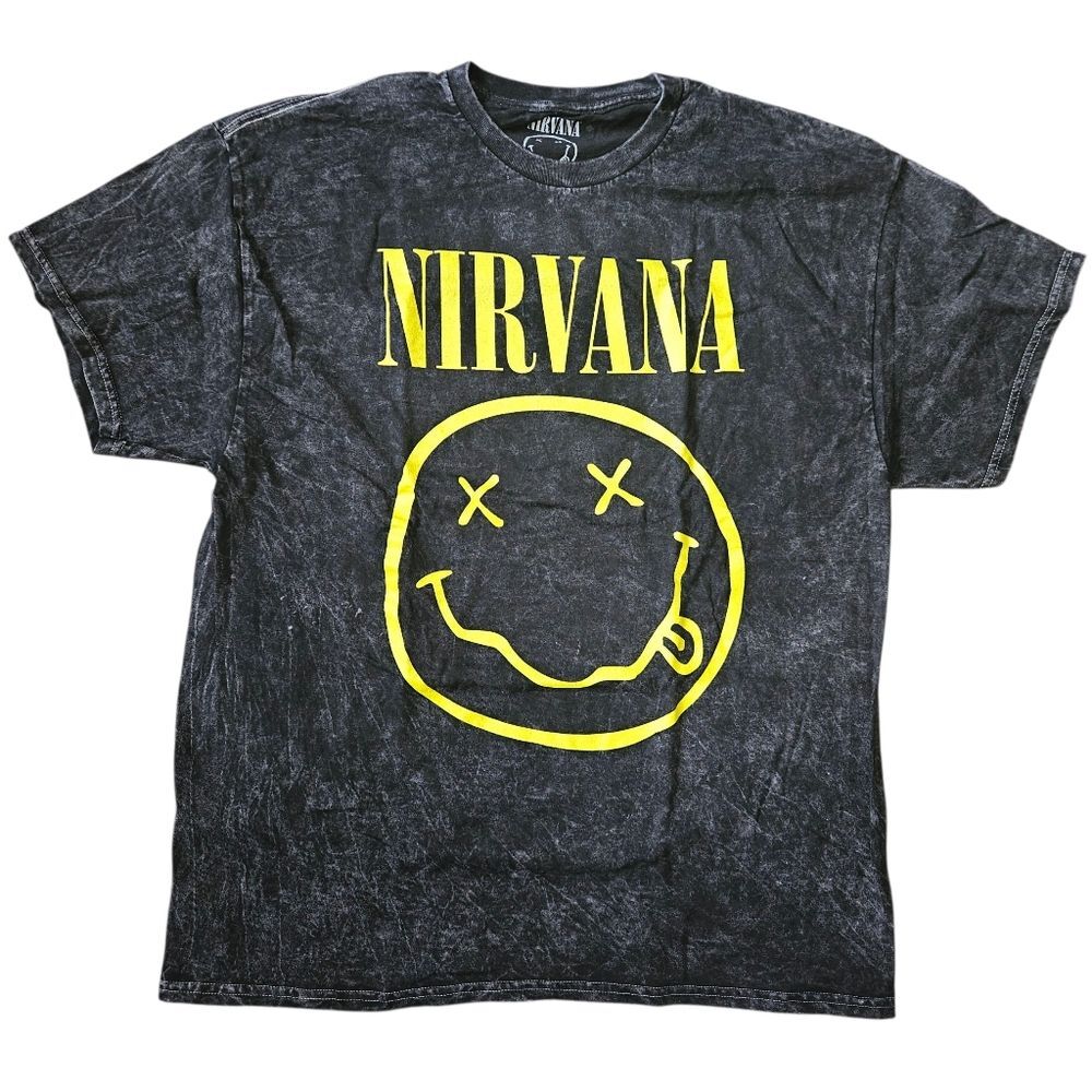 Nirvana Yellow Smiley Black Gray Distressed Stone Wash Tshirt XL Extra Large
